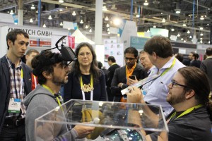 Sergey Brin, Google Co-Founder and Ivy Ross, Head of Google Glass, visit the Seebright booth in Eureka Park at #CES2015